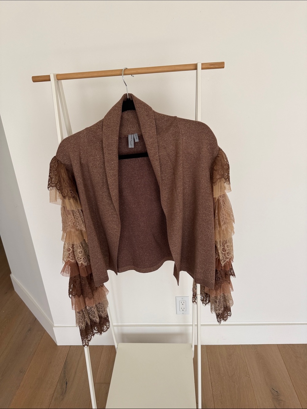 Tiered Lace Sleeve Open Shrug in Brown by Unknown Brand